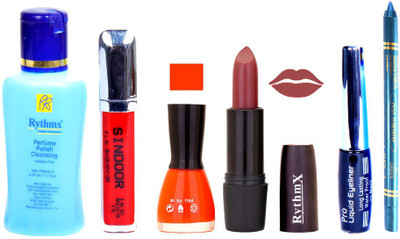 

Rythmx Redish Brown Lipstick Orange Nail Polish Remover Eye Liner Sindoor Turquoise Blue Kajal Combo Kit 8889(Set of 6)