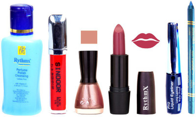 

Rythmx Rose Red Lipstick Shimmer Light Pink Nail Polish Remover Eye Liner Sindoor Turquoise Blue Kajal Combo Kit 8914(Set of 6)