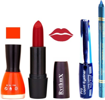 

Rythmx Orange Nail Polish Rose Red Lipstick With Eyeliner and Pro Non Transfer Blue Kajal 58097(Set of 4)