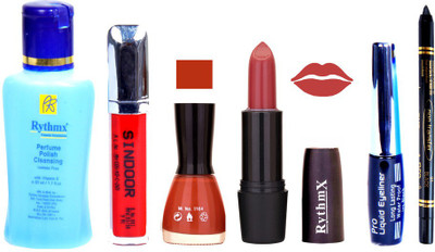 

Rythmx Gajri Red Lipstick Light Brown Nail Polish Remover Eye Liner Sindoor Black Kajal Combo Kit 9826(Set of 6)