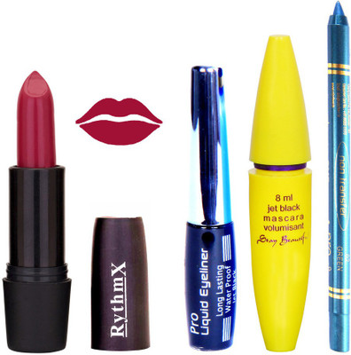 

Rythmx Loutos Mauve Mazanta Lipstick Bold Look Eyeliner Non Pro Transfer Turqoise Blue Kajal Jet Black Volumisant Mascara Kit 3099(Set of 4)