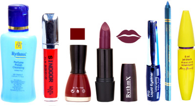 

Rythmx Jamuni Lipstick Maroon Nail Polish Remover Eye Liner Sindoor Pro Non Transfer Turquoise Blue Kajal Maskara Color Bomb Kit 1836(Set of 7)