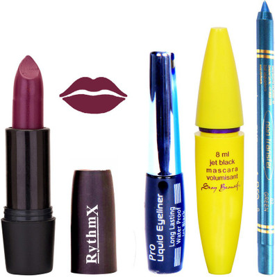 

Rythmx Jamini Lipstick Bold Look Eyeliner Non Pro Transfer Turqoise Blue Kajal Jet Black Volumisant Mascara Kit 30335(Set of 4)