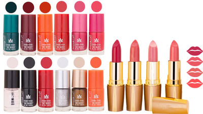 

Aroma Care 12 Piece Vibrant Color Nail Polish Combo Set With 4 Rythm Creamy Matte Lipstick Combo 121(Set of 16)