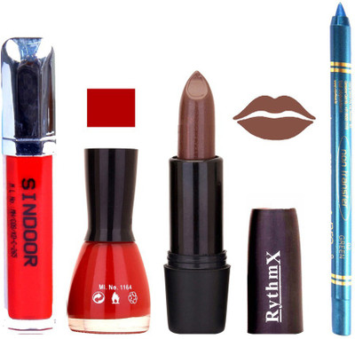 

Rythmx Brown Lipstick Redish Brown Shade Nail Polish Sindoor and Non Pro Transfer Turquoise Blue Kajal Combo kit 9914(Set of 4)