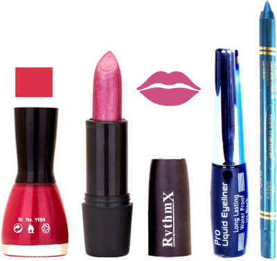 

Rythmx Pink Nail Polish Shimmer Puprle Lipstick With Eyeliner and Pro Non Transfer Blue Kajal 580128(Set of 4)