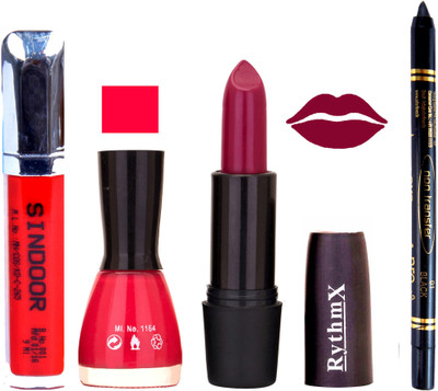 

Rythmx Mazanta Mauve Lipstick Mauvish Pink Nail Polish Non Transfer Black kajal Sindoor 134(Set of 4)