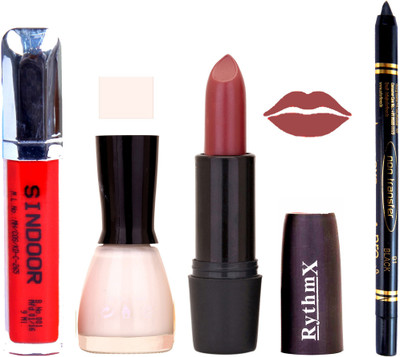 

Rythmx Redish Brown Lipstick White Nail Polish Non Transfer Black kajal Sindoor 187(Set of 4)