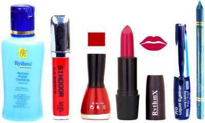 

Rythmx Bright Mazanta Lipstick Red Nail Polish Remover Eye Liner Sindoor Turquoise Blue Kajal Combo Kit 8895(Set of 6)