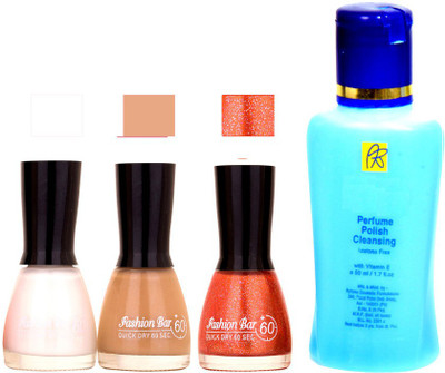 

Fashion Bar Nail Polish Remover And White, Musted, Glitter Orange Shades Nail Polish 52442(Set of 4)