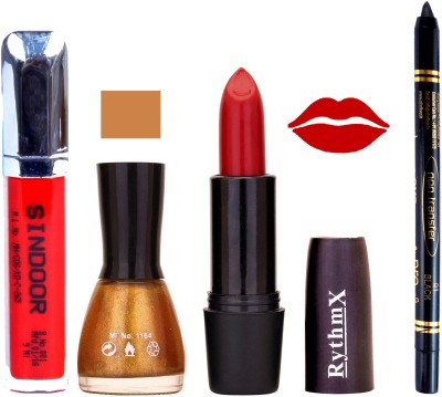 

Rythmx Bright Red Lipstick glitter Gold Nail Polish Non Transfer Black kajal Sindoor 149(Set of 4)