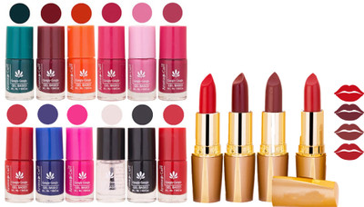 

Aroma Care 12 Piece Vibrant Color Nail Polish Combo Set With 4 Rythm Creamy Matte Lipstick Combo 137(Set of 16)