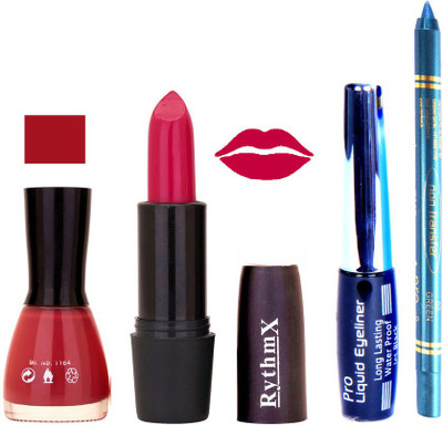 

Rythmx Lolipop Pink Nail Polish Shinny Mazanta Lipstick With Eyeliner and Pro Non Transfer Blue Kajal 580106(Set of 4)