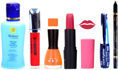 

Rythmx Remover, OTG Lipstick, Sindoor, Nail Polish,EyeLiner, Remover,Black Kajal, Makeup kit Combo 10114(Set of 6)