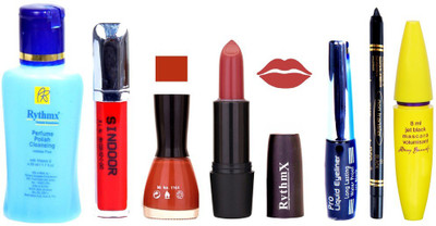 

Rythmx Gajri Red Lipstick Light Brown Nail Polish Remover Eye Liner Sindoor Black Kajal Maskara 52(Set of 7)