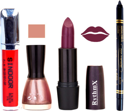 

Rythmx Jamini Lipstick Shimmer Light Pink Nail Polish Non Transfer Black kajal Sindoor 154(Set of 4)