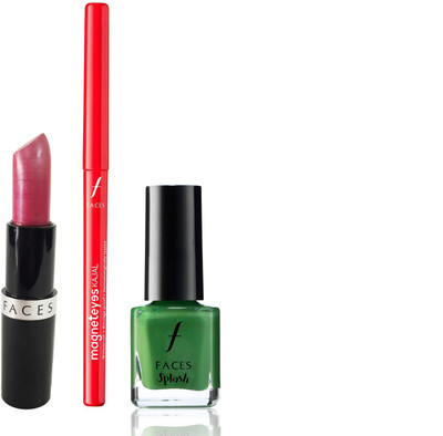 Faces Go Chic Lipstick Coral Pink + Magneteyes Kajal+Splash Nail Enamel Go Green(Set of 3)