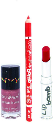 

Color Fever Red Lip Bomb Lipstick + Lip Liner+Nail Polish Combo 240320165(Set of 3)