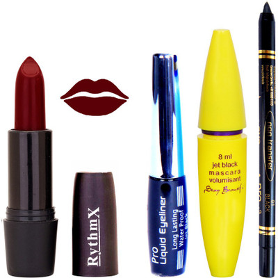 

Rythmx Maroon Lipstick Bold Look Eyeliner Black kajal Magnum Beauty Maskara Kit 10102(Set of 4)