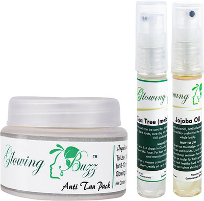 

Glowing Buzz Combo of 1 Natural Anti Tan Pack for Face, Dark Under Arms and Hands, 1 Tea Tree Essential Oil and 1 Jojoba Essential Oil(Set of 3)