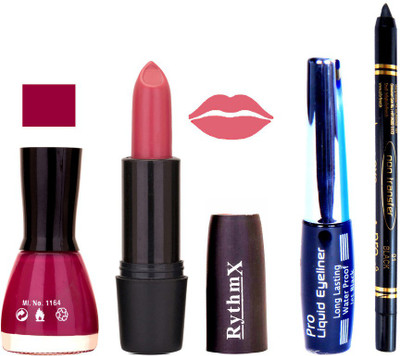 

Rythmx Mazanta Nail Polish Peach Lipstick With Eyeliner and Pro Non Transfer Black Kajal 68113(Set of 4)