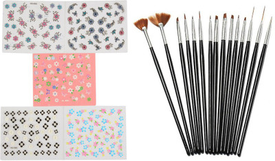 Looks United 15 Pcs Nail Art Brush Set and 5 Self Adhesive Nail Art Stickers Sheets(Set of 20) available at flipkart for Rs.299