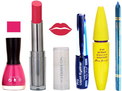 

Rythmx Intense Matte Hot redish pink Shade Lipstick, Voilet Purple Nail Polish,Black Eyeliner,Mascara, And Turquoise Blue Kajal 60Turquoise Blue(Set of 5)