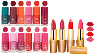 

Aroma Care 12 Piece Vibrant Color Nail Polish Combo Set With 4 Rythm Creamy Matte Lipstick Combo 174(Set of 16)