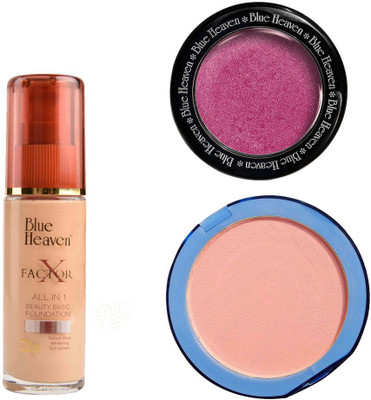 

Blue Heaven X Factor Foundation (Blush), Silk On Face Compact (Skin) & Diamond Blush on 501(Set of 3)