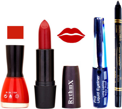 

Rythmx Red Nail Polish Red Lipstick With Eyeliner and Pro Non Transfer Black Kajal 68091(Set of 4)