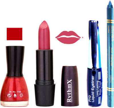 

Rythmx shimmer Red Nail Polish Pinkish Purple Lipstick With Eyeliner and Pro Non Transfer Blue Kajal 580129(Set of 4)