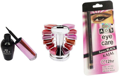 

ADS Waterproof Eyeliner with Lipgloss Palette and Kajal(Set of 3)