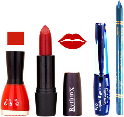

Rythmx Red Nail Polish Red Lipstick With Eyeliner and Pro Non Transfer Blue Kajal 58093(Set of 4)