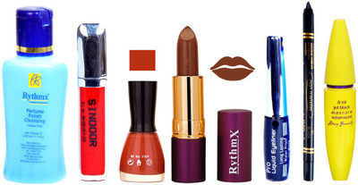 

Rythmx Lipstick ,Polish Remover, Sindoor, Nail Polish,EyeLiner,Black Kajal, Mascara, Makeup kit Combo 14087(Set of 7)