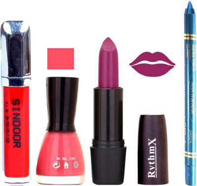 

Rythmx PURPLE Lipstick Baby Pink Shade Nail Polish Sindoor and Non Pro Transfer Turquoise Blue Kajal Combo kit 9946(Set of 4)