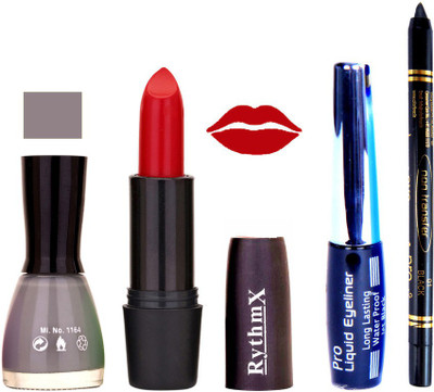 

Rythmx Grey Nail Polish Red Lipstick With Eyeliner and Pro Non Transfer Black Kajal 68115(Set of 4)