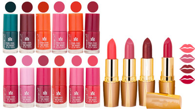 

Aroma Care 12 Piece Vibrant Color Nail Polish Combo Set With 4 Rythm Creamy Matte Lipstick Combo 79(Set of 16)