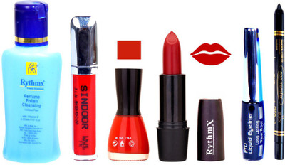 

Rythmx Rose Red Lipstick Red Nail Polish Remover Eye Liner Sindoor Black Kajal Combo Kit 9806(Set of 6)