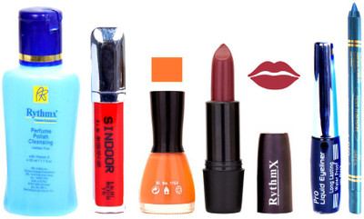 

Rythmx Mauvish Pink Lipstick Peach Nail Polish Remover Eye Liner Sindoor Turquoise Blue Kajal Combo Kit 8939(Set of 6)