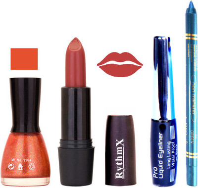 

Rythmx glitter Orange Nail Polish Pinkish Peach Lipstick With Eyeliner and Pro Non Transfer Blue Kajal 580134(Set of 4)