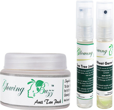 

Glowing Buzz Combo of 1 Natural Anti Tan Pack for Face, Dark Under Arms and Hands, 1 Tea Tree Essential Oil and 1 WheatGerm Essential Oil(Set of 3)