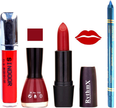 

Rythmx Maroon Lipstick Bloody Red Shade Nail Polish Sindoor and Non Pro Transfer Turquoise Blue Kajal Combo kit 9911(Set of 4)
