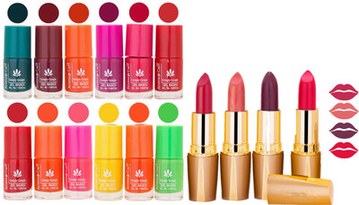 

Aroma Care 12 Piece Vibrant Color Nail Polish Combo Set With 4 Rythm Creamy Matte Lipstick Combo 97(Set of 16)