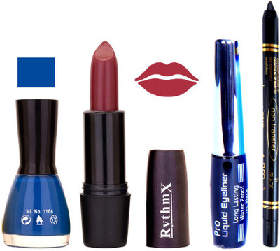 

Rythmx Blue Nail Polish Mauve Lipstick With Eyeliner and Pro Non Transfer Black Kajal 68092(Set of 4)