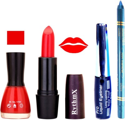 

Rythmx Glorious Red Nail Polish Orange Red Lipstick With Eyeliner and Pro Non Transfer Blue Kajal 580119(Set of 4)