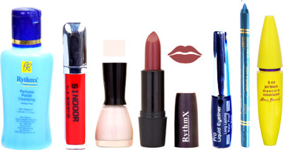 

Rythmx Redish Brown Shade Lipstick White Nail Polish Remover Eye Liner Sindoor Pro Non Transfer Turquoise Blue Kajal Maskara Color Bomb Kit 1801(Set of 7)