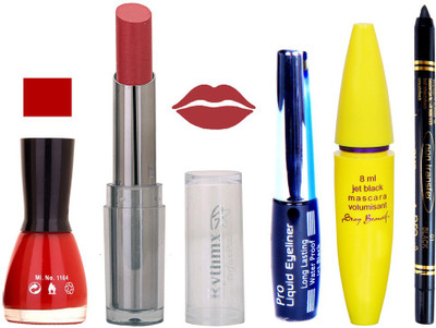 

Rythmx Intense Matte Mauve Shade Lipstick, Red Nail Polish,Black Eyeliner,Mascara, And Stay On Black Kajal 7299(Set of 5)