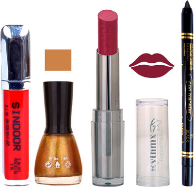 

Rythmx Lipstick Sindoor,Nail Polish,Black Kajal Makeup Pack Combo 640(Set of 4)