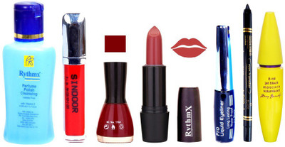 

Rythmx Gajri Shade Lipstick Cherry Red Nail Polish Remover Eye Liner Sindoor Pro Non Transfer Black Kajal Maskara Combo Kit 2812(Set of 7)