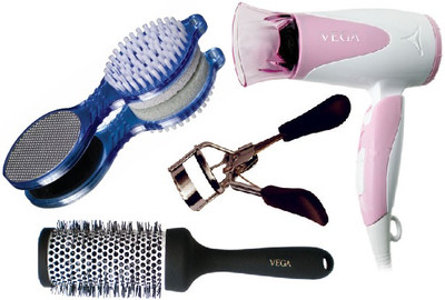 

VEGA Premium Eyelash Curler, Hot Curl Hair Brush, Blooming Air 1000, Foot Scrubber(Set of 4)